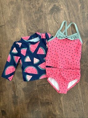 Pink Watermelon Tankini with Navy Long-Sleeve Rash Guard - Kids Swim Set